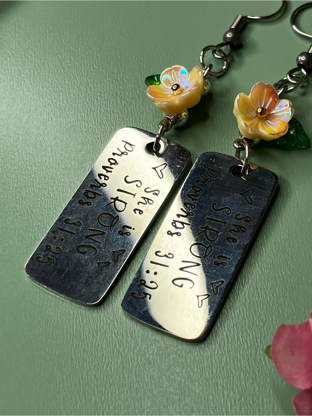 She is Strong Proverbs 31 : 25 Handmade Floral Drop Earrings | Yellow Flowers - Picture 2 of 4